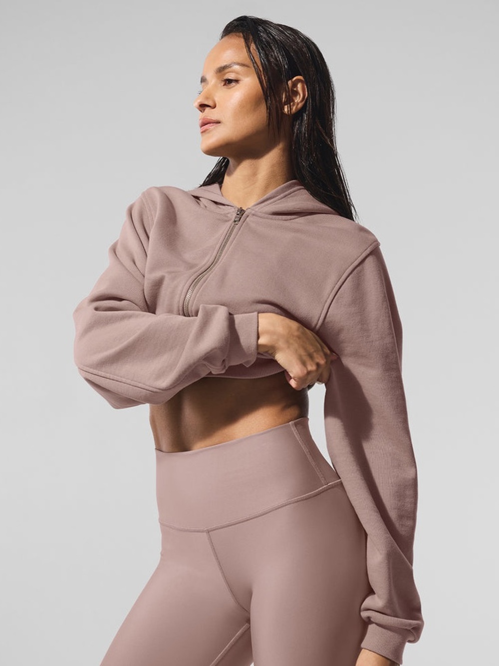 ALO YOGA Accolade Cropped Taupe Full Zip-Front Hoodie Sz: XS